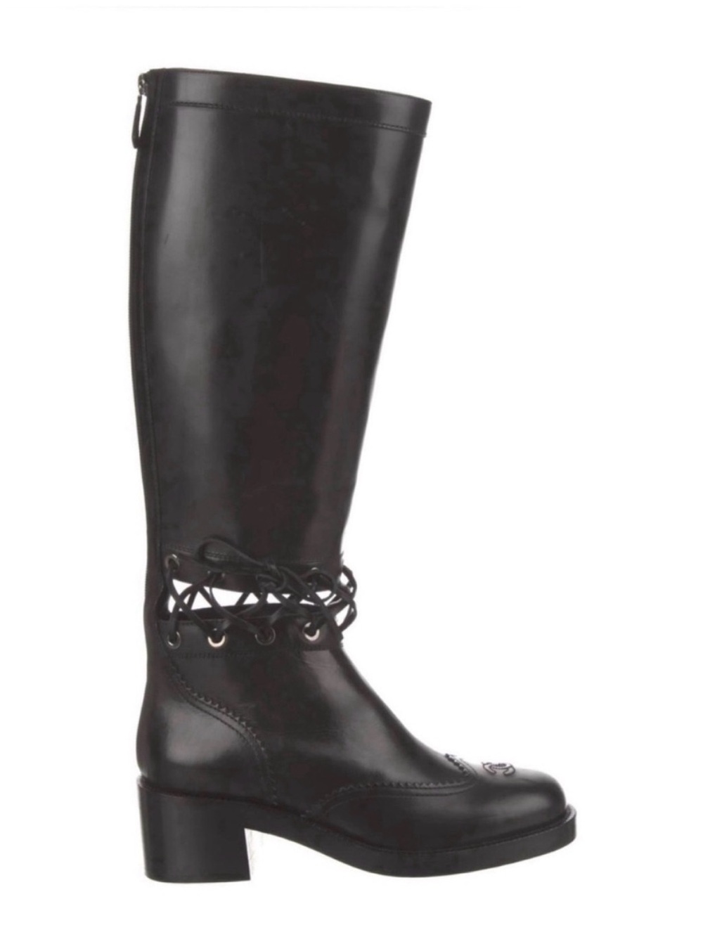 CHANEL Lagerfeld Black Leather Knee High Laced Equestrian Riding Boot Fall 2016